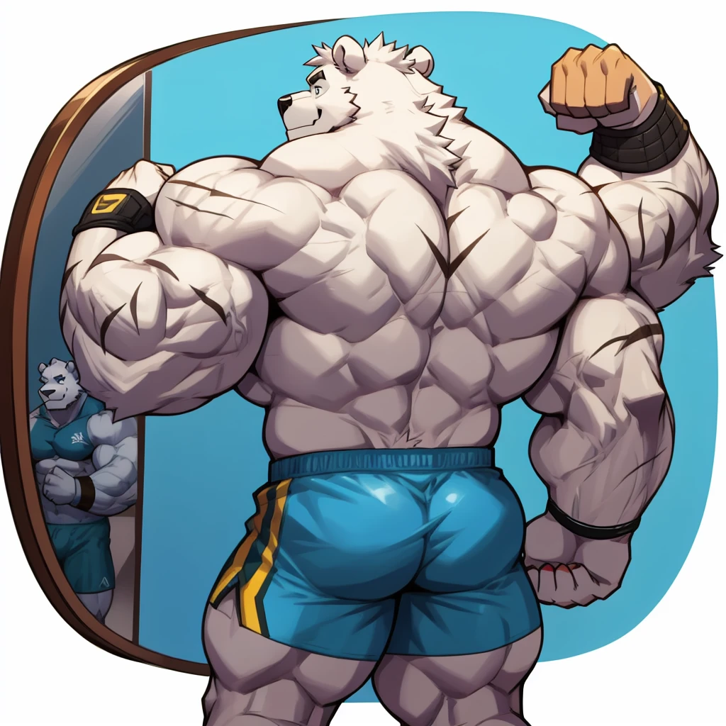 Huge muscular thick white Polar Bear bodybuilder shirtless in blue gym shorts and wristbands flexing and posing his back at the mirror looking at his muscles really really pumped up hardcore.