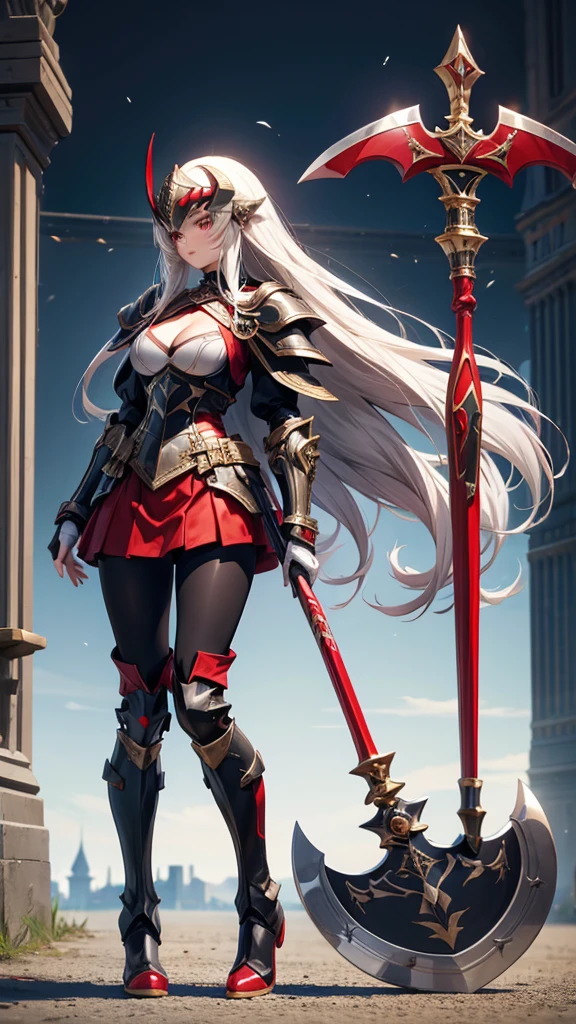 Girl with long white straight hair and medium chest,black tights,Bright red full body armor,half helmet,cleavage,Long skirt,,Legs Boots,Standing,Long-handled axe,medieval european city