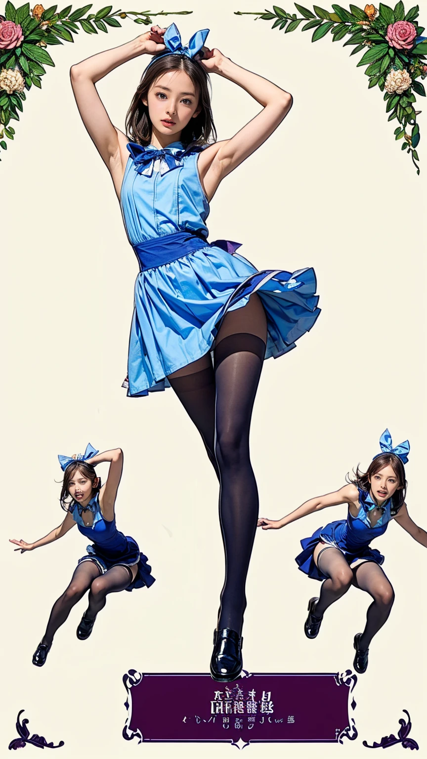 ((masterpiece)),(((Highest quality))),((Character design sheet)),Thin thighs,Long legs,((Alice in Wonderland, wearing a large ribbon on your head,, wear black tights,loafers))、15-year-old girl、(Raise your arms、Jumping with armpits exposed:1.2)、(Droopy eyes:1.2), (Very slim:1.4)、Plant and flower background:1.5