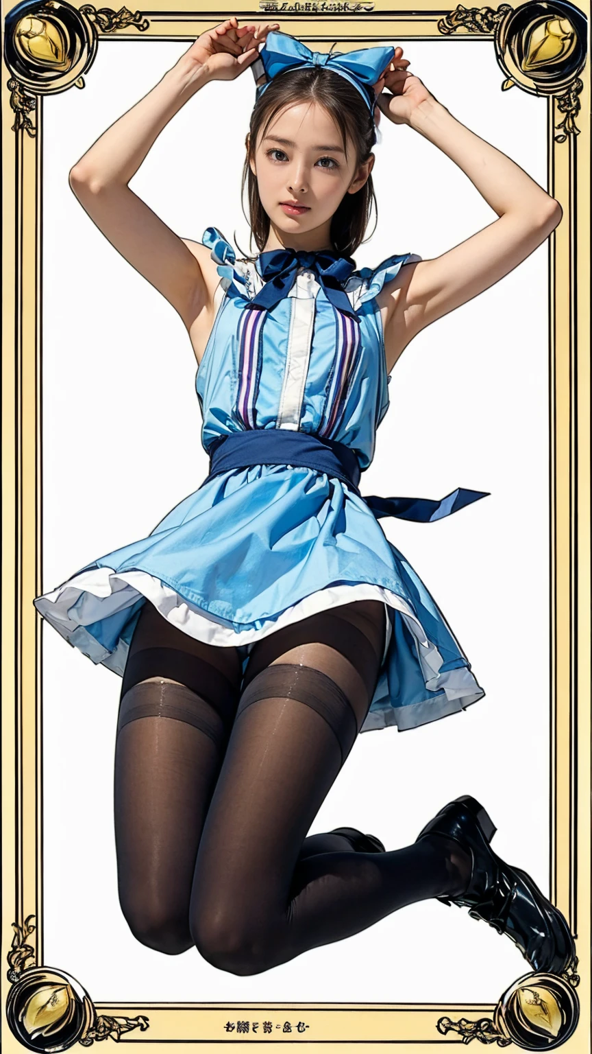 ((masterpiece)),(((Highest quality))),((Character design sheet)),Thin thighs,Long legs,((Alice in Wonderland, wearing a large ribbon on your head,, wear black tights,loafers))、15-year-old girl、(Raise your arms、Jumping with armpits exposed:1.2)、(Droopy eyes:1.2), (Very slim:1.4)、Plant and flower background:1.5