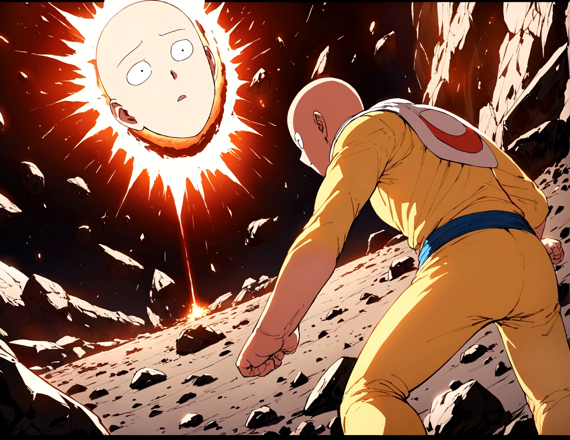One Punch Man Saitama is looking confused, he has punched Transformer star Scream (who blew up), now Saitama is still in a punching stance in a crater surrounded by robot debris