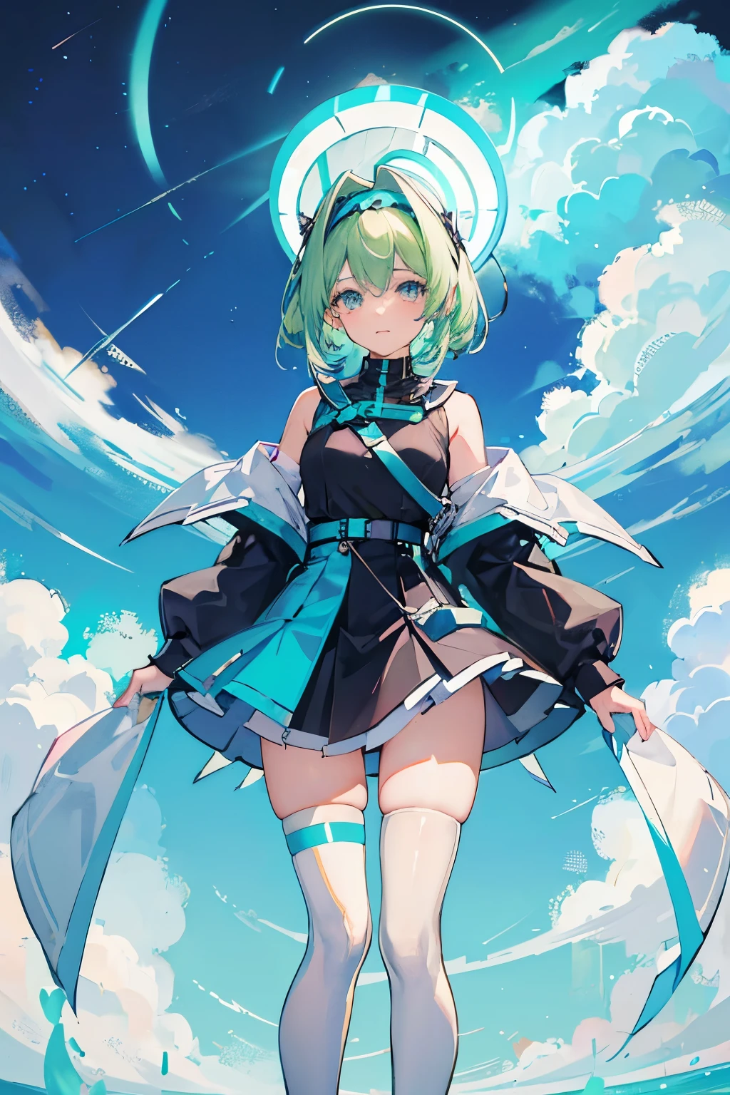 a woman, short skirt, thigh highs, transparent visor, light green, light cyan, light blue, light purple, soft colors