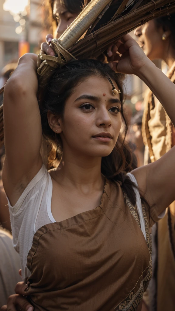 Old India, many Brahmins are dragging a 25 year old widow girl by her hair in front of everyone, mornig outdoor, cinematic, girl crying l, full body 