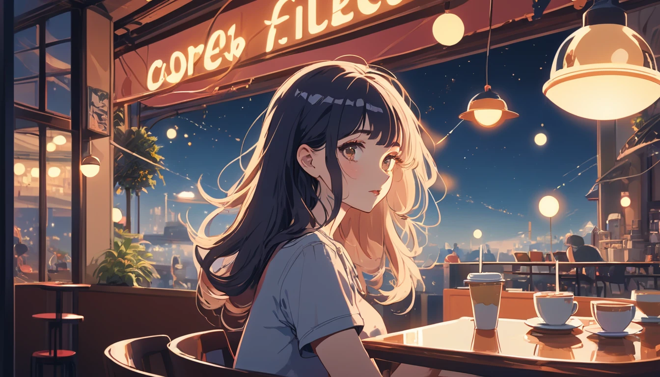 Sexy woman in a cafe、, Wide-angle lens, Lofi Anime, Lofi illustration, Aesthetic atmosphere, Lo-Fi Style, Vector art, Flat Design, Simple shape, Warm tones, Pleasant atmosphere, Chill, In anime style, Digital drawing, Vector art, Vector logo for t-shirt printing, (Adorable:1.5), (small:1.4), (Playful:1.2), (soft:1.3), (Whimsical:1.1), masterpiece, Highest quality, 8K, Intricate details, grow, Celestial, Mysterious, Picturesque, amazing, Majestic, Magic, Fantasy art, Cover art, dream-like