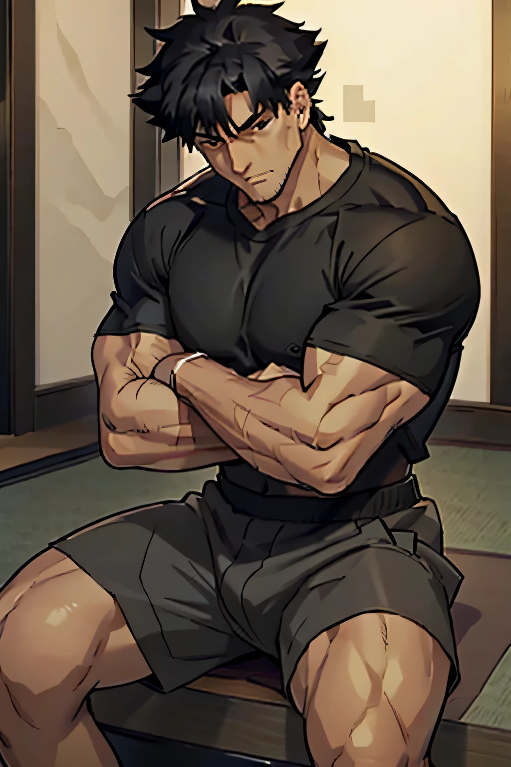 Kiritsugu is sitting and flexing his buff biceps and thighs. He wears black short boxershorts. You can see his thighs completely. He is wearing a black tshirt with short sleeves. His sleeve is rolled up completely, so you can see his entire arm and shoulder. He is admiring his arms. He has a huge bulge. You can see his abs too.