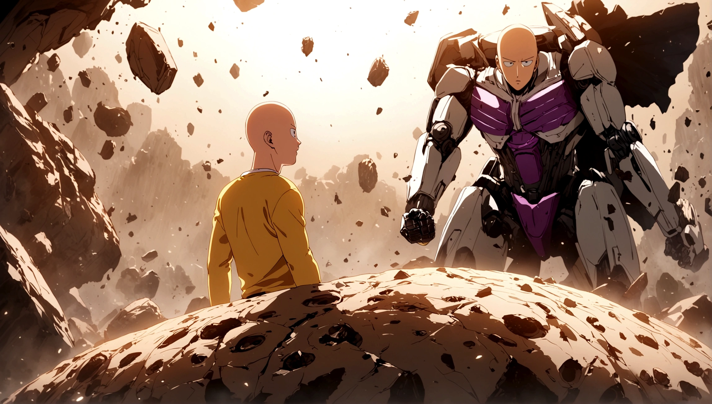 One Punch Man Saitama is looking confused, he has punched Transformer star Scream (who blew up), now Saitama is still in a punching stance in a crater surrounded by robot debris