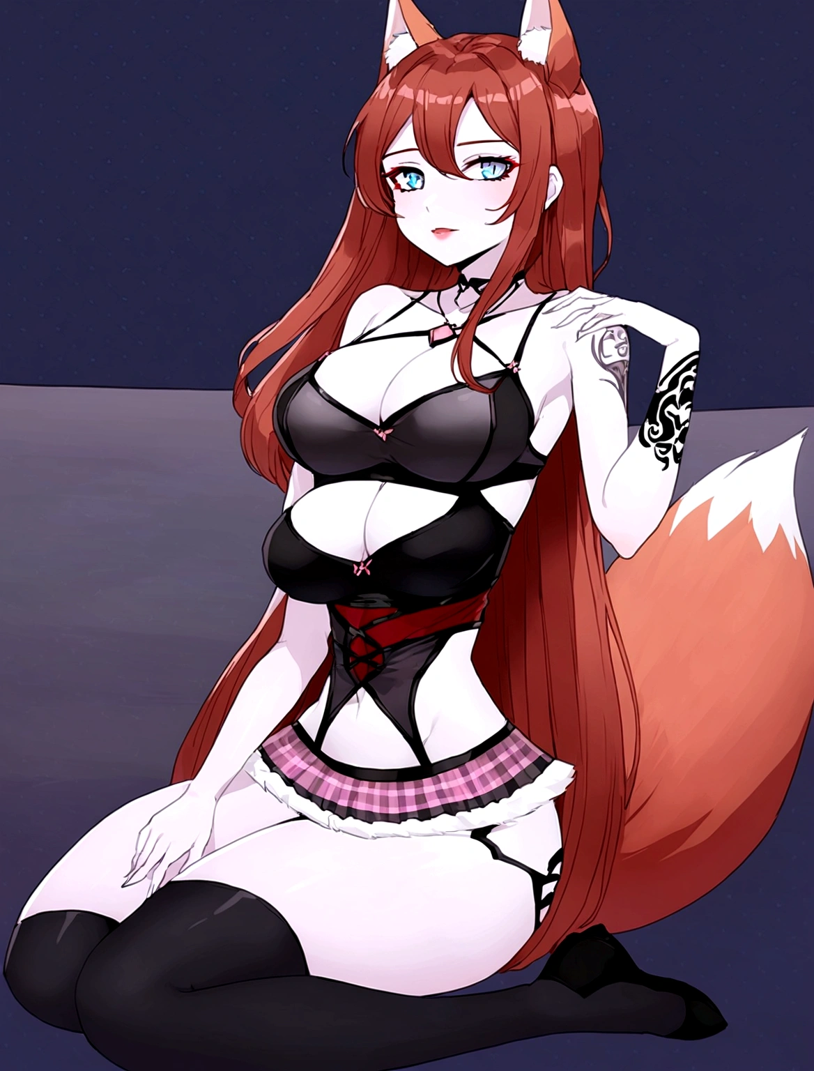 a redhead woman, very long hair falling to butt height. She is wearing a purple blouse that highlights her large breasts.. She has red fox ears, with the inside of the ears in light pink, and a red fox tail with a light pink tip. Only his left arm is completely tattooed. She has fair white skin and a slim body with blue eyes.