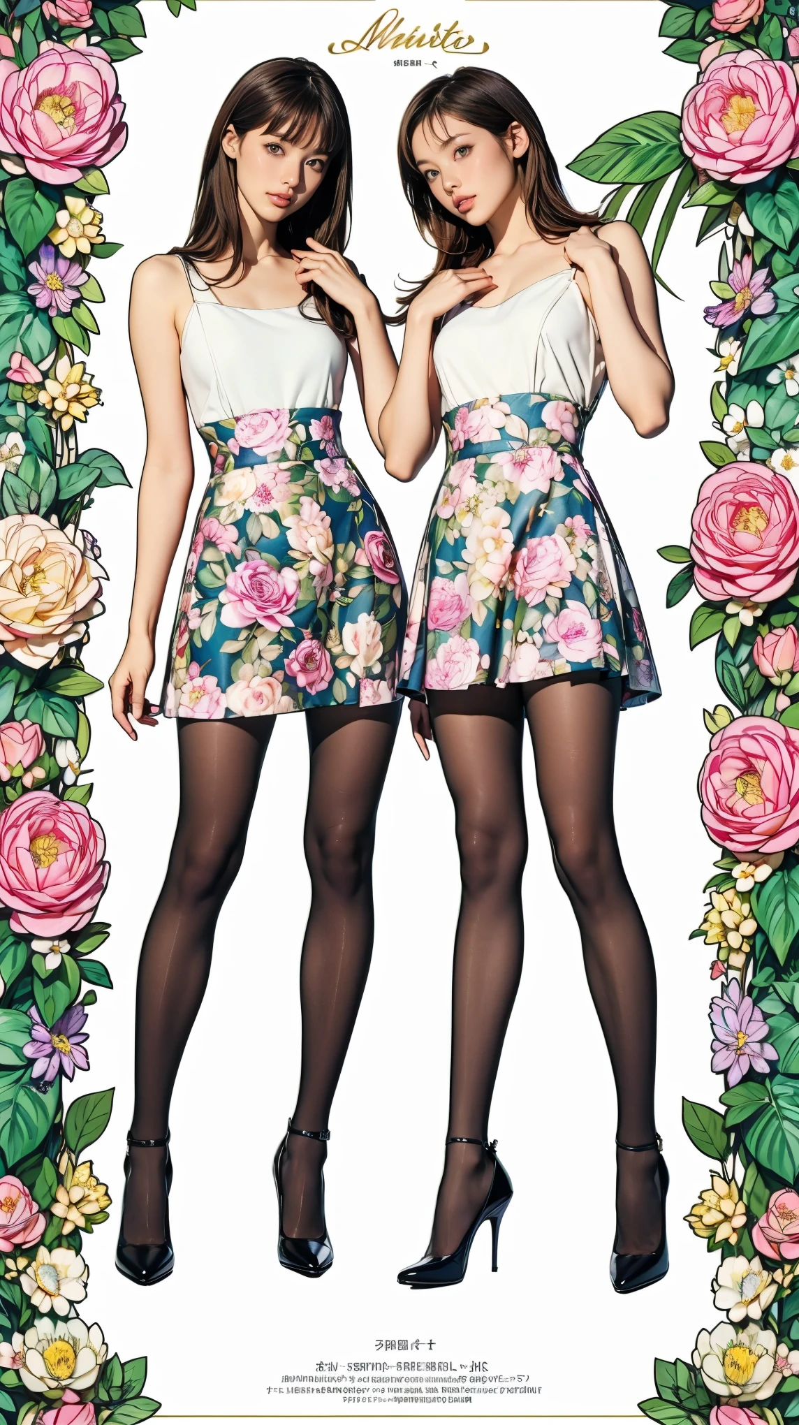 ((masterpiece)),(((Highest quality))),((Character design sheet)),Thin thighs,Long legs,whole body:1.5,(One Girl:1.3),(Black pantyhose and thick pointy heels:1.3),(Wearing a floral and plant patterned mini skirt dress:1.2),Short blonde:1.2、Model pose,Floral and botanical background:1.5,