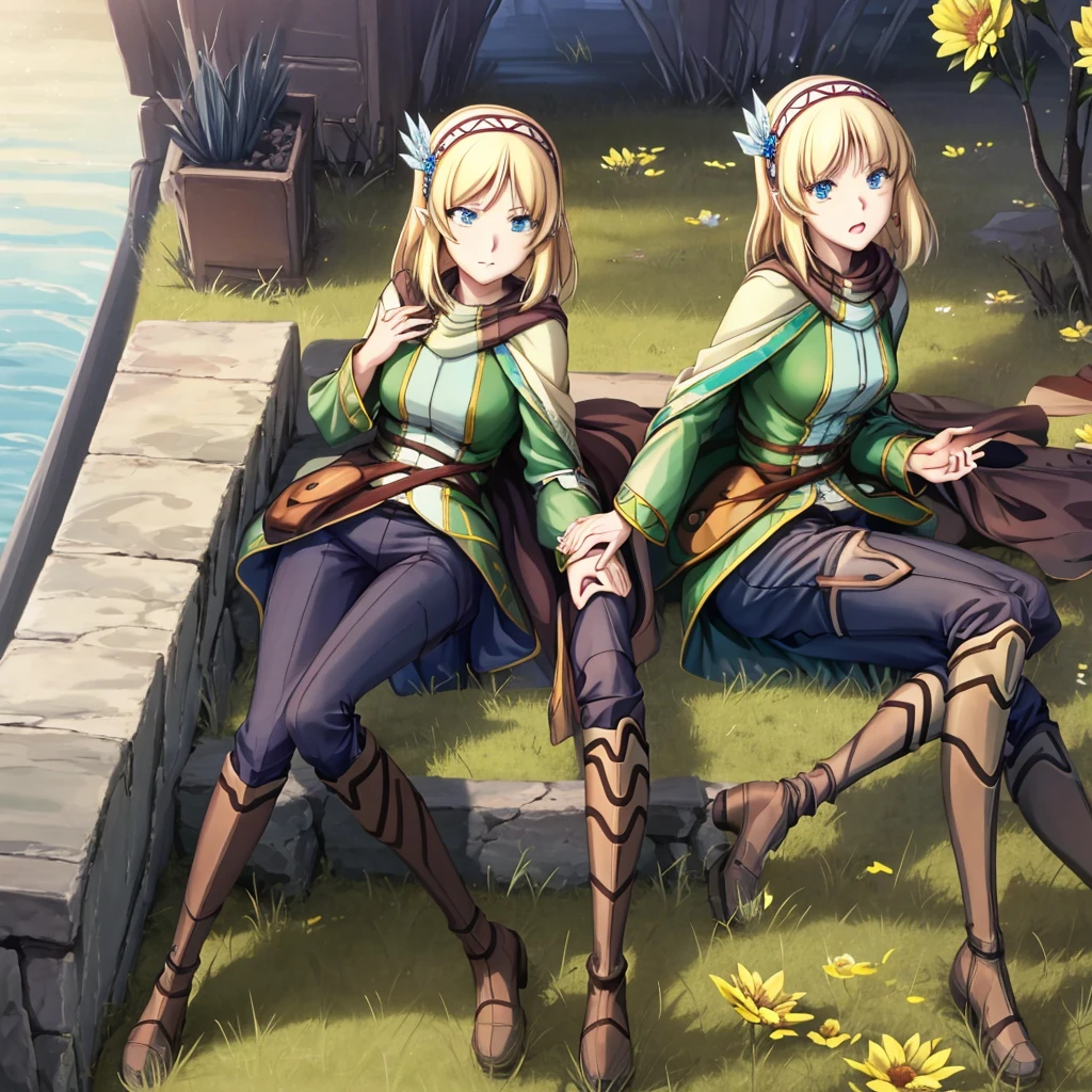 Anime girl holding flowers, Cute anime waifu in a nice dress, In a dress, I deny that, Official Art, Anime Princess, , Beatrice Blue, Zerochan Art, Royal elegant pose, Official Artワーク, Splash art anime , irritating, Kshat Krentz Key Art Female, Detailed fan art, Beautiful teenage girl, , One girl, Cayna, Blonde, short hair, blue eyes, hair ornaments, Very pointy ears