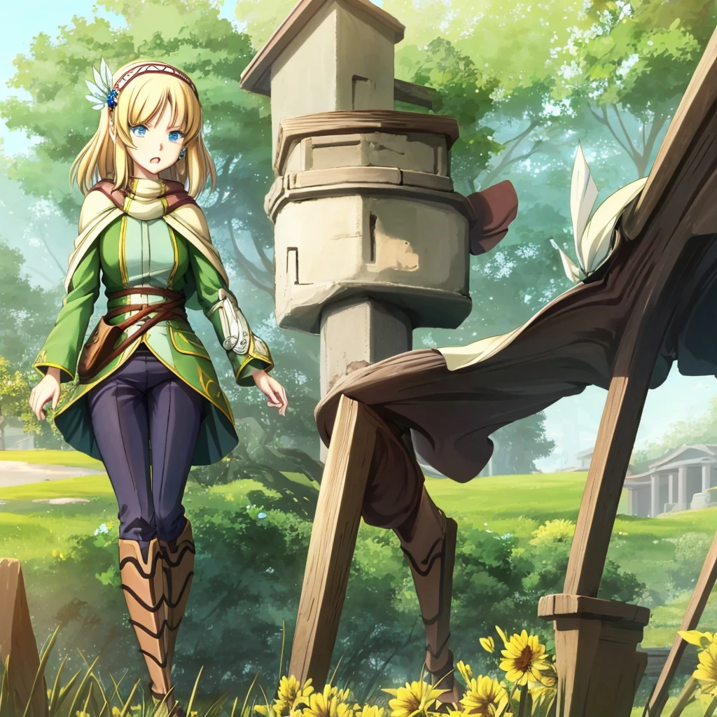 Anime girl holding flowers, Cute anime waifu in a nice dress,  In a dress, I deny that, Official Art, Anime Princess, , Beatrice Blue, Zerochan Art, Royal elegant pose, Official Artワーク, Splash art anime , irritating, Kshat Krentz Key Art Female, Detailed fan art, Beautiful teenage girl, , One girl, Cayna, Blonde, short hair, blue eyes, hair ornaments, Very pointy ears