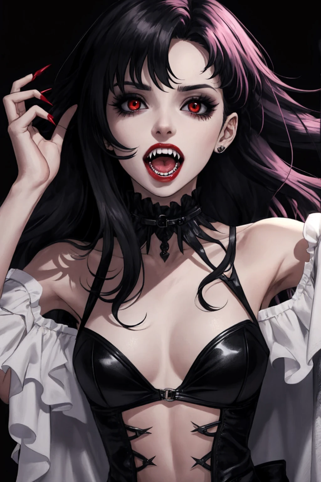 Mujer arafed con maquillaje negro y rojo y Vampire teeth., with fangs, Vampire teeth, vampire girl, sharp Vampire teeth, vampire portrait, fangs, female vampire, androgynous vampire, vampire fangs, scary vampire, sharp and pointy Vampire teeth, vampire woman, fangs extended, fangs and drool, mouth open, nsfw, dirty sex position.
