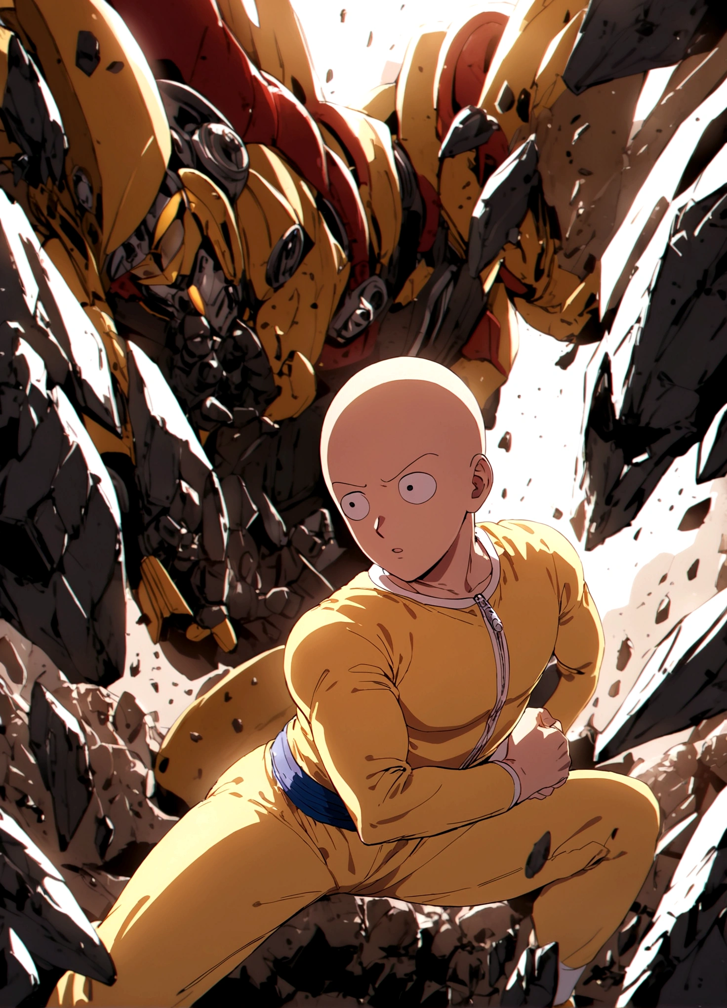 One Punch Man Saitama is looking confused, he has punched Transformer star Scream (who blew up), now Saitama is still in a punching stance in a crater surrounded by robot debris
