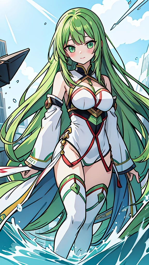 Anime woman with long green hair, blushing