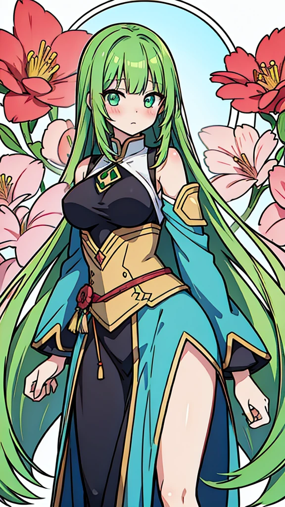Anime woman with long green hair, blushing