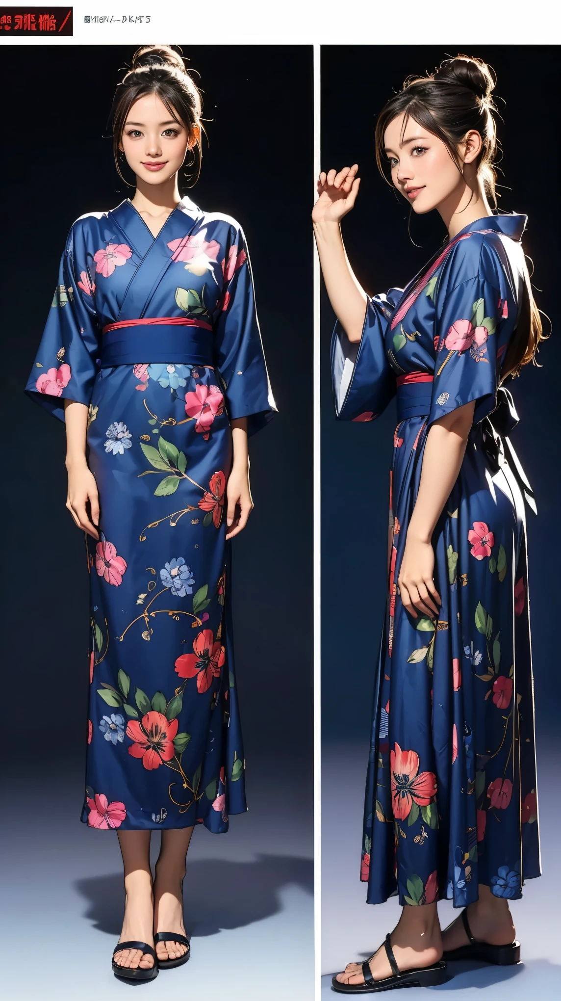 ((masterpiece)),(((Highest quality))),((Character design sheet)),Long legs,A Japanese yukata with a flashy pattern that combines light blue and navy blue:1.5，Stylish sandals:1.5，The best smile:1.5，Full Body Shot:1.5，Night fireworks background:1.5，Flashy makeup with red eyeshadow:1.5，Bun Hair:1.5，