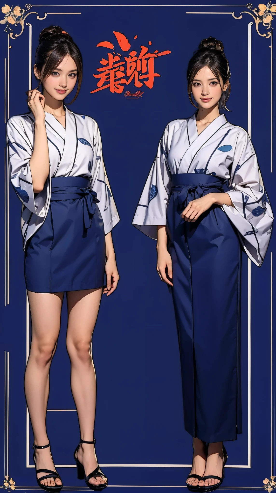 ((masterpiece)),(((Highest quality))),((Character design sheet)),Long legs,A Japanese yukata with a flashy pattern that combines light blue and navy blue:1.5，Stylish sandals:1.5，The best smile:1.5，Full Body Shot:1.5，Night fireworks background:1.5，Flashy makeup with red eyeshadow:1.5，Bun Hair:1.5，