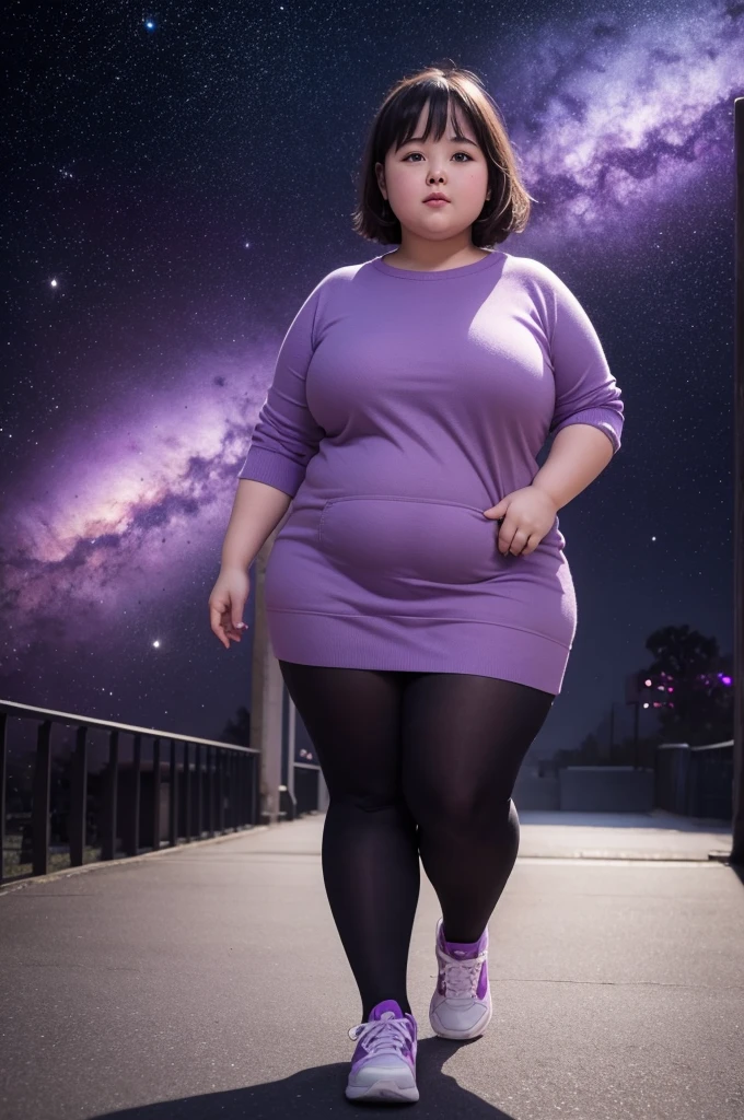 chubby girl, tall and backwards walking in the purple universe