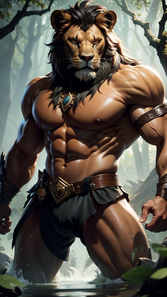 Man with the face of a brown lion, super strong swamp warrior