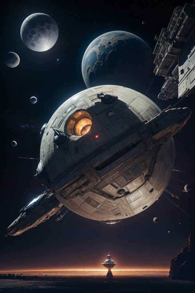 a spaceship shaped like a moon with ports and weapons in deep space under attack by spaceships, masterpiece, best, photo realistic moon, death star, unicron, battle moon