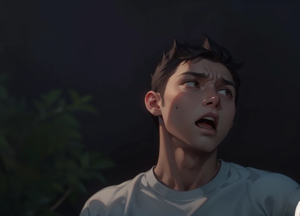 He is talking with his mouth open He is worried Somewhat scared He yells at someone to stop