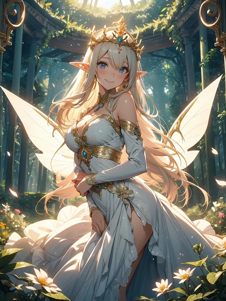 最high quality、1woman elf 、bionde、、、タロットカード風にBeautiful foam、、CourtyardShining fairy wings、E.G: Worst quality ,Flower fractal art　　、see-throughbodystocking,Beautiful side shot, radiance,High-definition depiction, Realistic, 8K, Unity, beautiful Shot, light smile, Beautifully and vividly drawn, , Beautiful, beautiful, clear skin、sexly,beautiful dress,Countless rays of light pouring down, Swirling Light, big background, Raise one arm above your head, Intense light is emitted from the magic circle in front of the girl.   forest、Lots of leaves、Green leaves、flower、Particles of light、Bedroom at night、Magic Palace、Fairy tale、
Romanticism,Cowboy Shot: The most beautiful form of chaos, Mr..々Farbe, Intertwined flowers, Particle,magical gentle light,smile,sexly,image quality、masterpiece、Beautiful Face、Super beautiful elf woman((Big breasted 22 year old office lady、Bust 100,Beautiful long ironed hair 、bionde hair,height: 165cm。、sexly、Esbian、、high quality、、Visual art、Written boundary depth、、Elf Ears、、universe、Happy smile、Gentle light、Elf forest、elegant、ticker beautiful decorative、、magic、forest、beautiful tiara、Beautiful bed、Beautiful Landscape、A kind smile、wonderful、Fluttering petals、Dance happily、、Cultivate fantasy、、Mystery light　Lots of flowers、、art、forest, palace, art,mystery,Ultra-high resolution,atmosphere