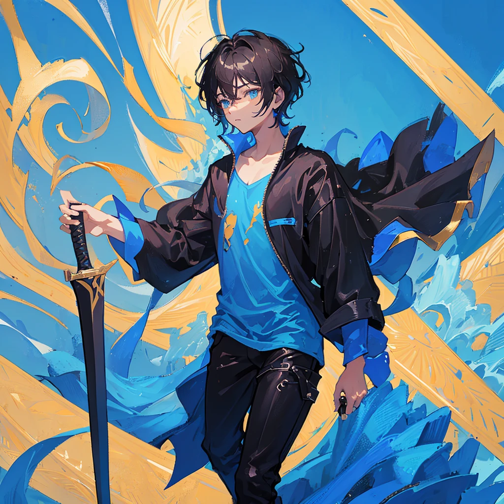 A ager，male，Black short hair，Holding a long sword，Wear gorgeous clothes，((Pure blue background))