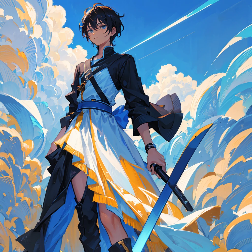 A teenager,male,Black short hair,Holding a long sword,Wear gorgeous clothes,((Pure blue background))