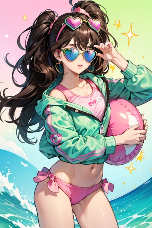 Riptide has brown hair and black hair that goes in a poofy circle in the air, she has green and pink heart-shaped sunglasses. She has a pink top that has a green zipper on the front. This is the same with her bottoms. She has pink swim shoes. SPARKLE; GLITTER
