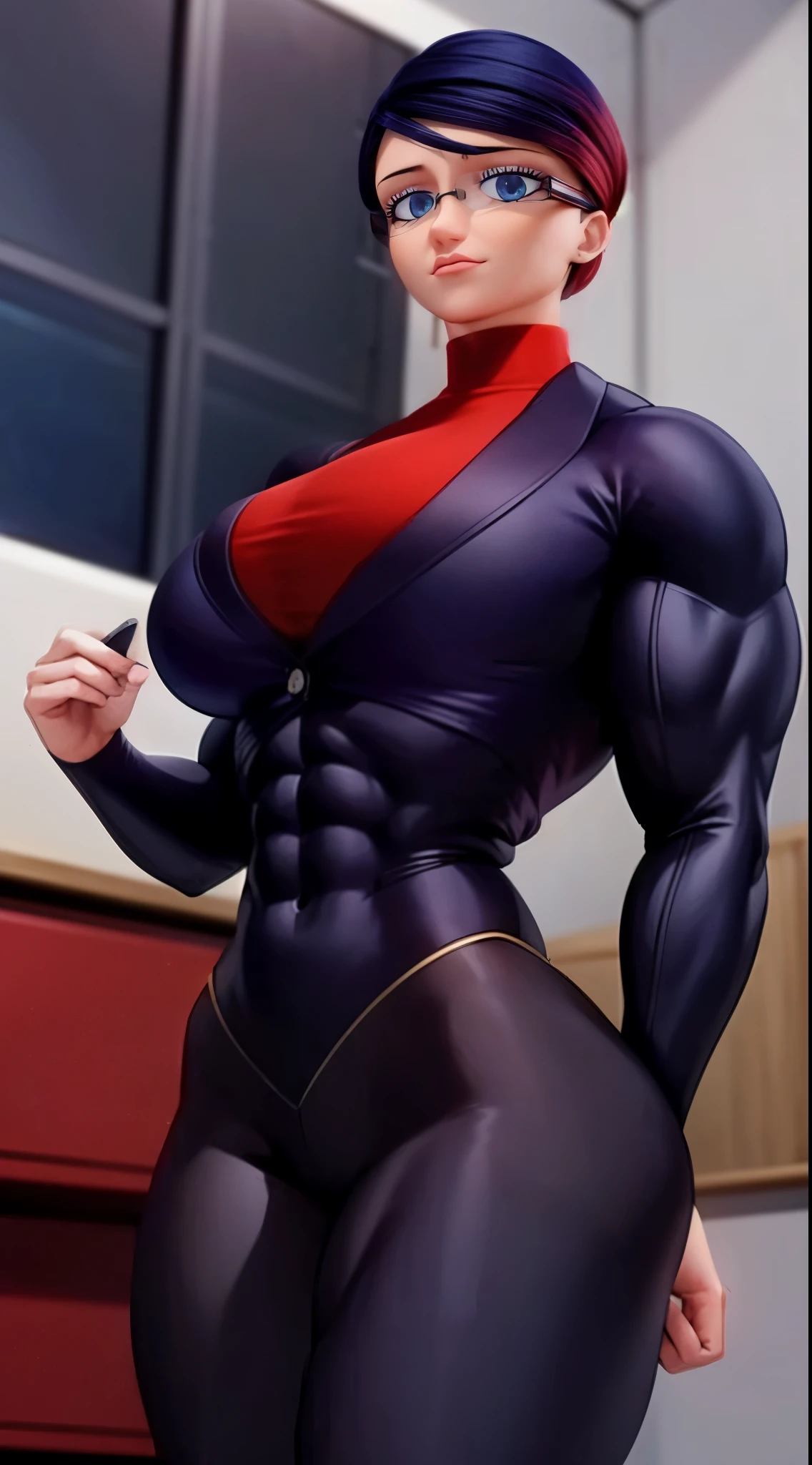 a muscular female bodybuilder in (( red bra inside (office suit) and her hair is (gradient of dark blue and red) from end to the right side of head)), detailed face, beautiful detailed eyes, beautiful detailed lips, ((extremely detailed face and muscles)), long eyelashes, strong muscles bulging through suit, dynamic pose, professional studio lighting, hyperrealistic, 8k, high quality, photorealistic, physically-based rendering, concept art, dramatic color palette,((abs)).