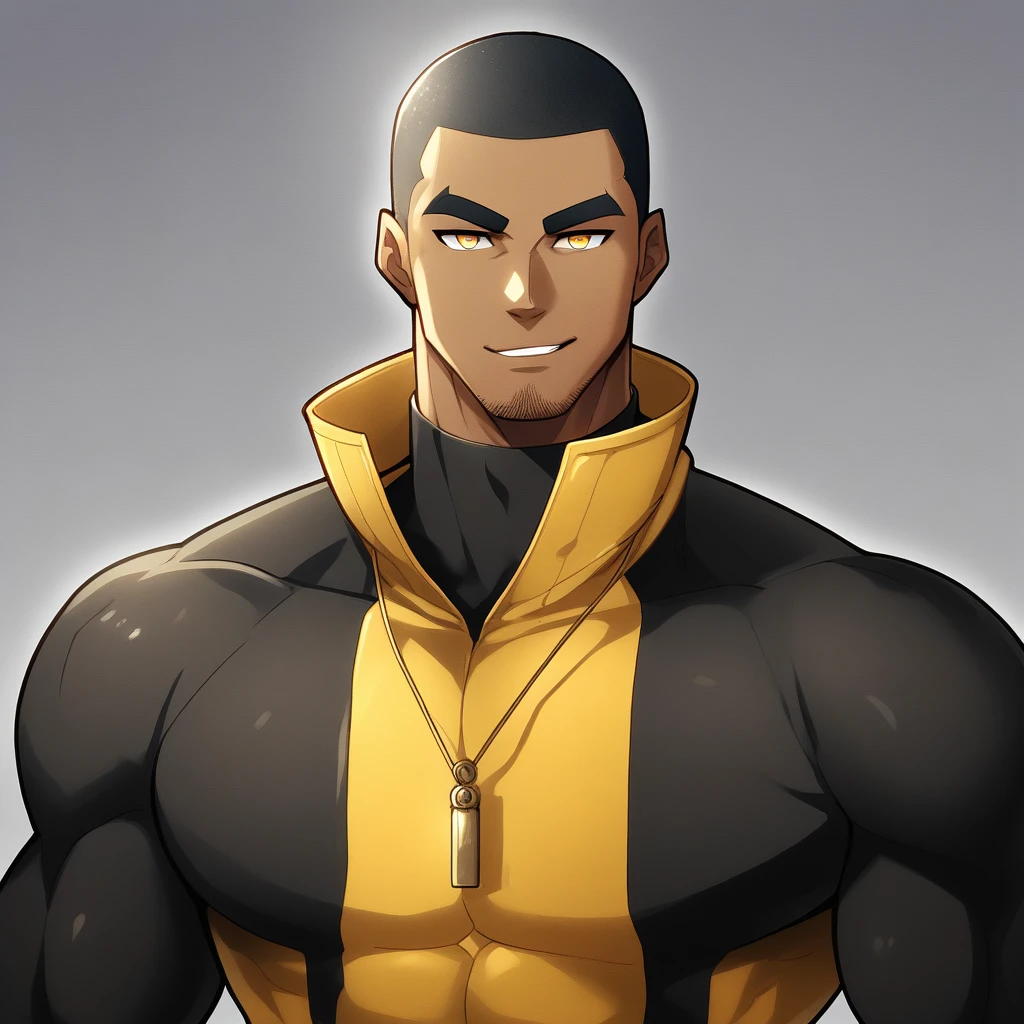 anime characters:Gyee, Young Muscle Sports Student, negro black skin, Buzz Cut, Manliness, male focus, Dark yellow high collar long sleeve tights, Slightly transparent texture, Very tight, Slightly transparent, muscular male, muscular, only, Upper body, alone, Black short hair, Thick eyebrows, stubble, Yellow eyes, Grey background, simple background, amazing quality, best aesthetics, Ridiculous, bright pupils, crew cut, parted lips, seductive smile, torogao, naughty face, best quality