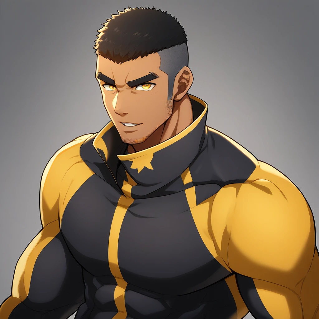 anime characters:Gyee, Young Muscle Sports Student, negro black skin, Buzz Cut, Manliness, male focus, Dark yellow high collar long sleeve tights, Slightly transparent texture, Very tight, Slightly transparent, muscular male, muscular, only, Upper body, alone, Black short hair, Thick eyebrows, stubble, Yellow eyes, Grey background, simple background, amazing quality, best aesthetics, Ridiculous, bright pupils, crew cut, parted lips, seductive smile, torogao, naughty face, best quality