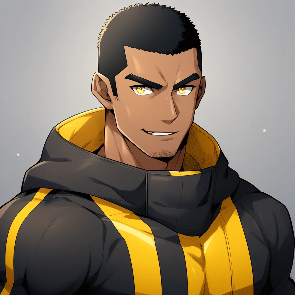 anime characters：Gyee, Young Muscle Sports Student, negro black skin, Buzz Cut, Manliness, male focus, Dark yellow high collar long sleeve tights, Slightly transparent texture, Very tight, Slightly transparent, muscular male, muscular, only, Upper body, alone, Black short hair, Thick eyebrows, stubble, Yellow eyes, Grey background, simple background, amazing quality, best aesthetics, Ridiculous, bright pupils, crew cut, parted lips, seductive smile, torogao, naughty face, best quality