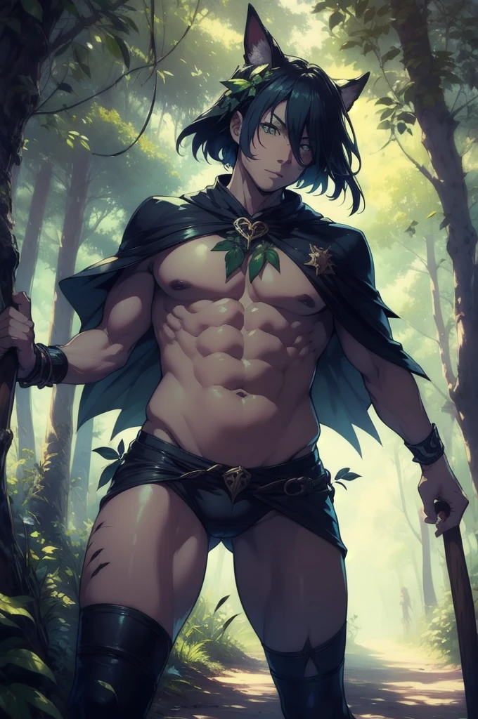 Fantasy, 1forest_Elemental_girl, Fighting, (Use_leaf_Clothes, green_leaf_Covered_chest, leaf_Covered_Pussy)+++,Moderate_chest,dynamic_Pause_Are standing, Light_smile, sleepy, Moderate_hair, belly button,(dark_skin)+, oil, (Take-up_ぶどうのwood_The surrounding area_body)++, (Plump)+,forest, wood_background, leaf_headgear, green_leaf_Cape, all_big_length_staff, Thighs,