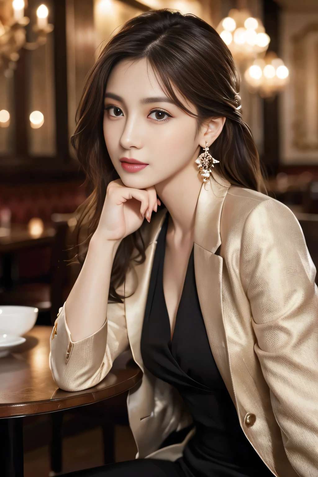 masterpiece, Highest quality, Realistic, Very detailed, Finer details, High resolution, 8k wallpaper, One beautiful woman, Wear a nice suit, In a great restaurant, At night, Light brown messy hair, Perfect dynamic composition, Beautiful and beautiful eyes、Big earrings、Sit on a chair、