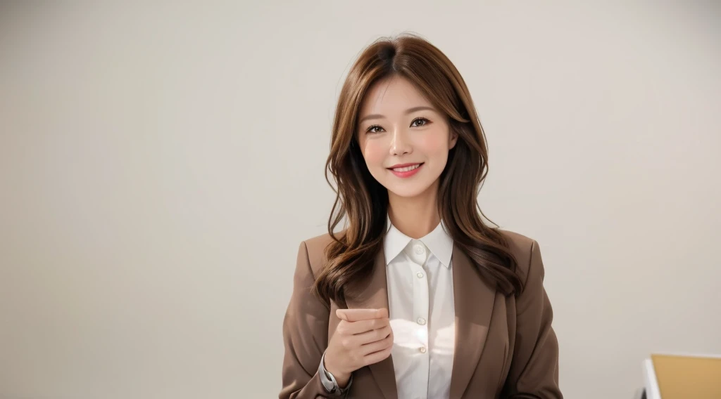 Generate an image of a cute and charming office lady with light brown hair. She is dressed in stylish office casual attire, wearing a warm and welcoming smile. The background is a clean and white office setting, creating a professional yet relaxed atmosphere. Pay attention to the details of her light brown hair and the office casual outfit, and convey the positive and approachable demeanor of a delightful office professional