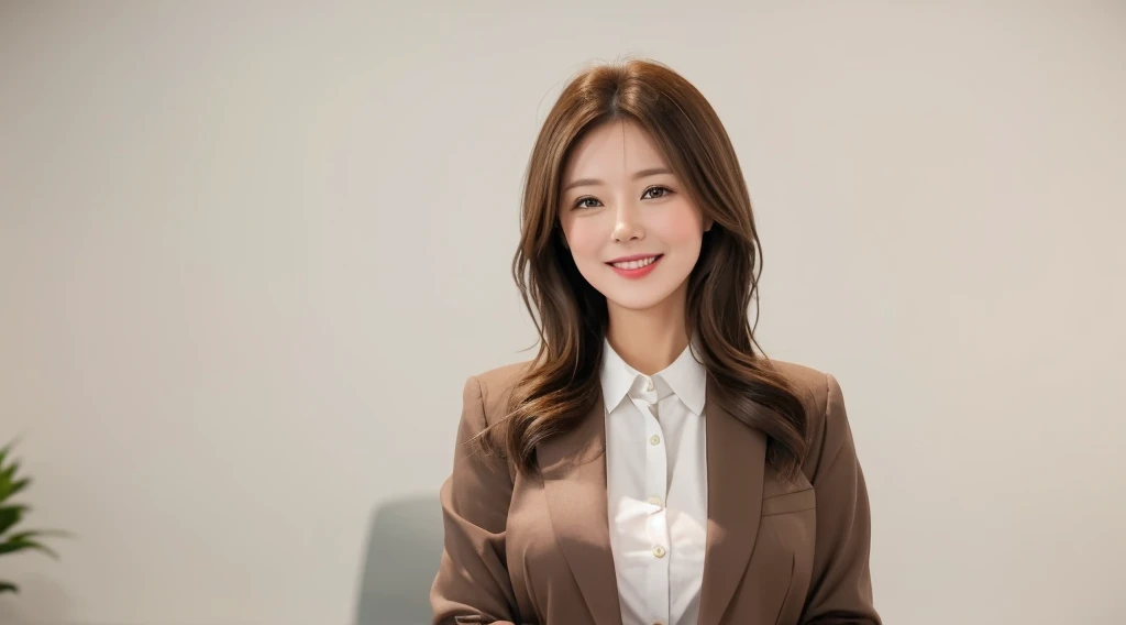 Generate an image of a cute and charming office lady with light brown hair. She is dressed in stylish office casual attire, wearing a warm and welcoming smile. The background is a clean and white office setting, creating a professional yet relaxed atmosphere. Pay attention to the details of her light brown hair and the office casual outfit, and convey the positive and approachable demeanor of a delightful office professional