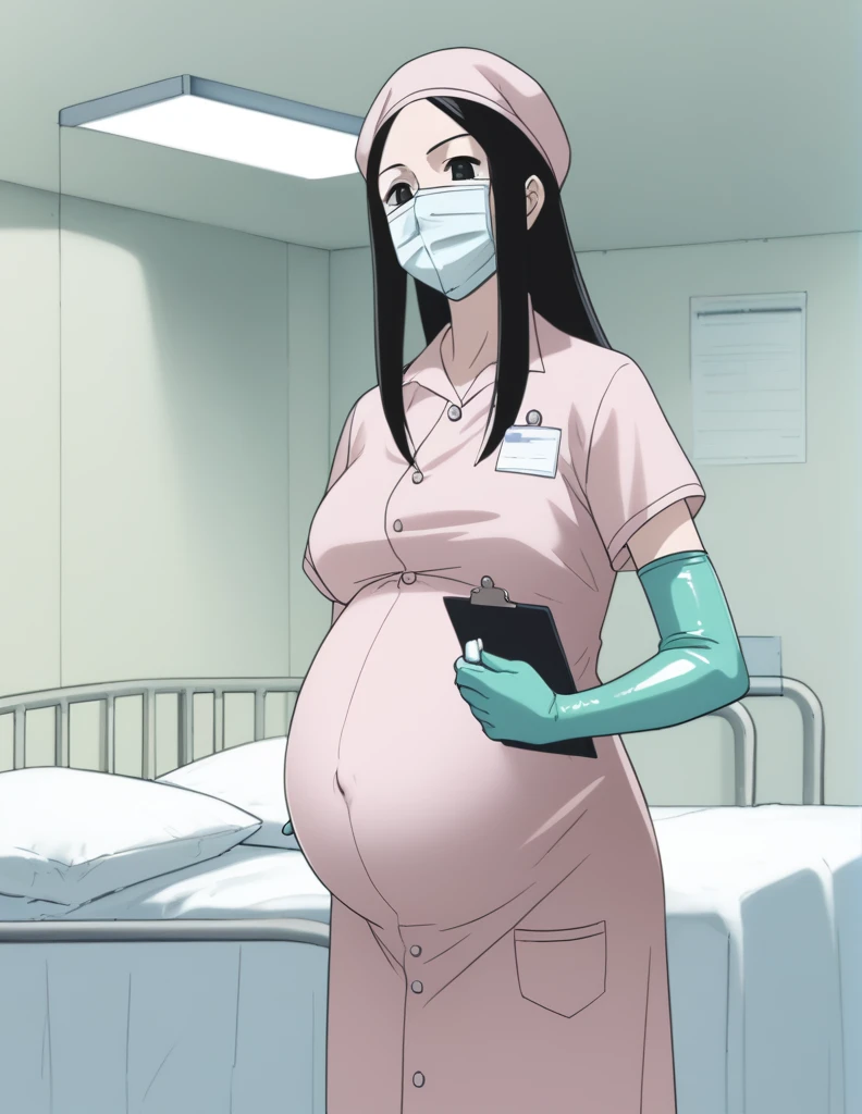 score_9, score_8_up, score_7_up, source_anime, kasuganoray, pale skin, shy eyes, long hair, scrubs, surgical mask, surgical cap, arm long surgical gown,
1girl, pregnant, solo, rubber gloves, clipboard, looking down, furrowed brow, privacy screen, hospital bed, standing