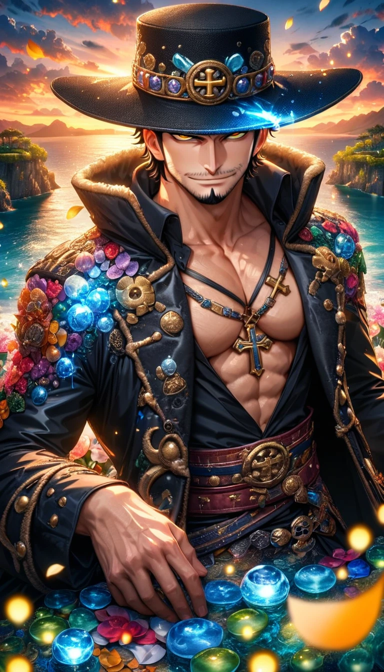 absurdres, highres, ultra detailed, HDR, master piece, Mihawk, black hair, expressive yellow eyes, cross, black hat, One Piece, sexy man, handsome, best quality, sunset, petals, flowers, fantasy, magical, solo, black coat, island, green leaves, water, blue shining fireflies, handsome smile