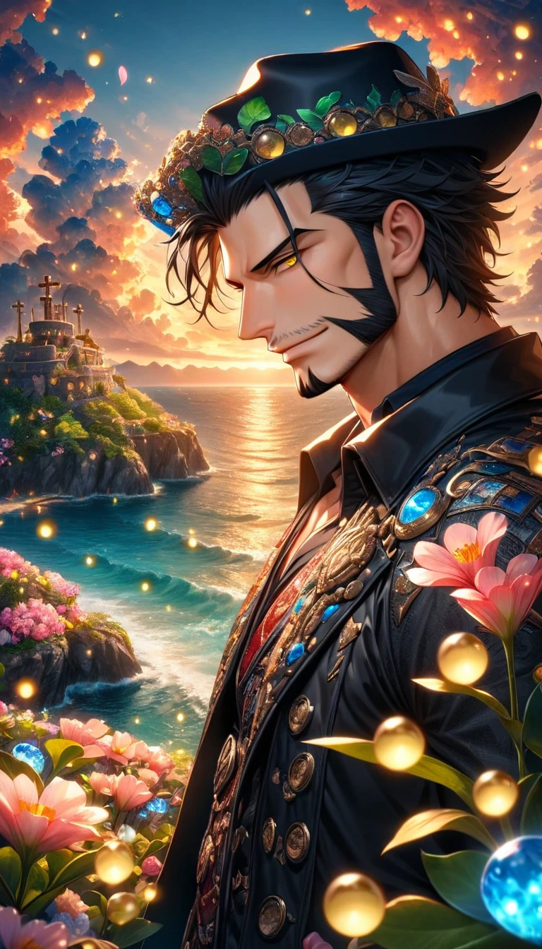 absurdres, highres, ultra detailed, HDR, master piece, Mihawk, black hair, expressive yellow eyes, cross, black hat, One Piece, sexy man, handsome, best quality, sunset, petals, flowers, fantasy, magical, solo, black coat, island, green leaves, water, blue shining fireflies, handsome smile