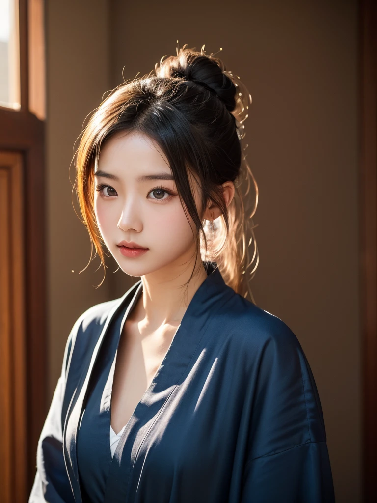 Real, cinematic, high quality photo, extremely beautiful young Asian lady, Taoist style, conservative half-length style, hairstyle in bun, soft light, wearing dark blue Taoist robe, soft emotions, social media feeling background, sunshine, realism, surreal, Highly detailed, shot with a Sony a1 camera