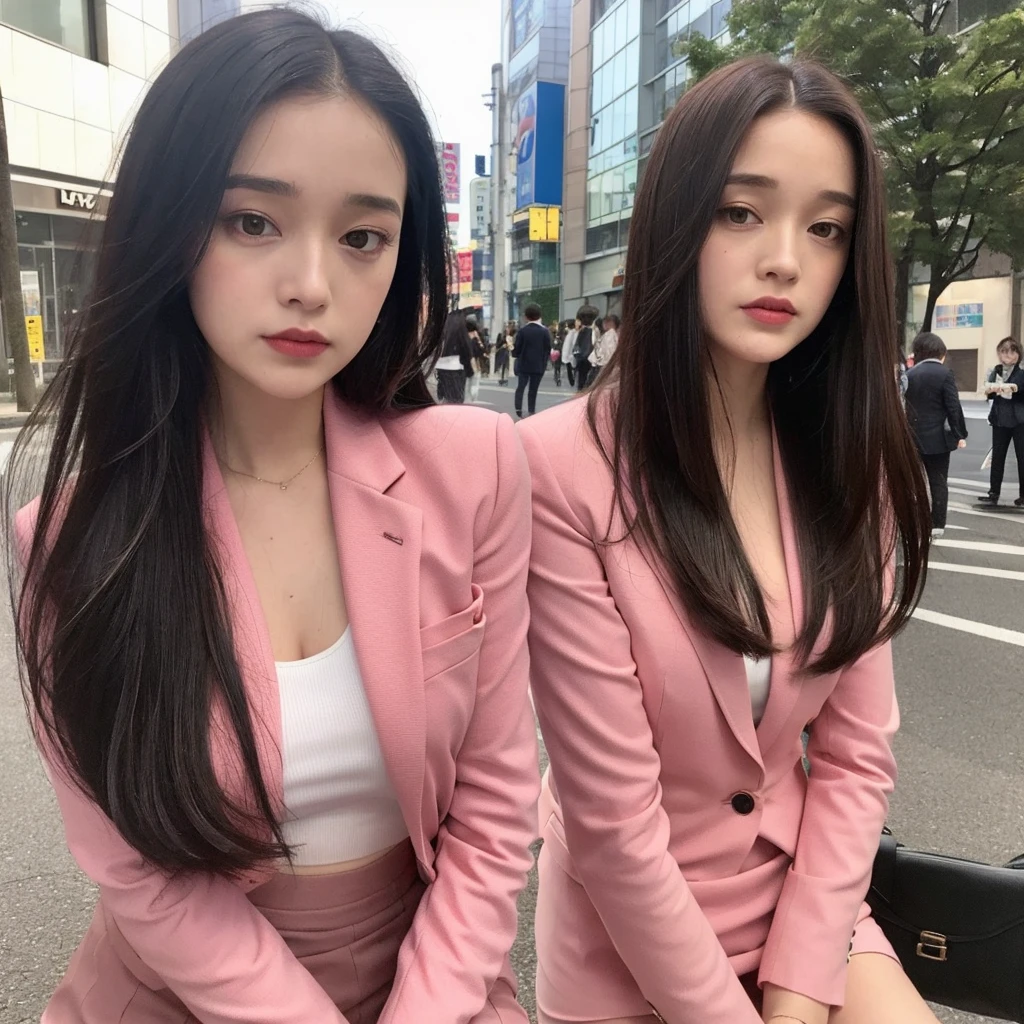 Close up,1 girl,solo, random post,(((Anne-Marie Alto))) ,long hair, wear a tight pink suit, tight skirt ,(short skirt),looking at camera,25 years old, in the Tokyo city