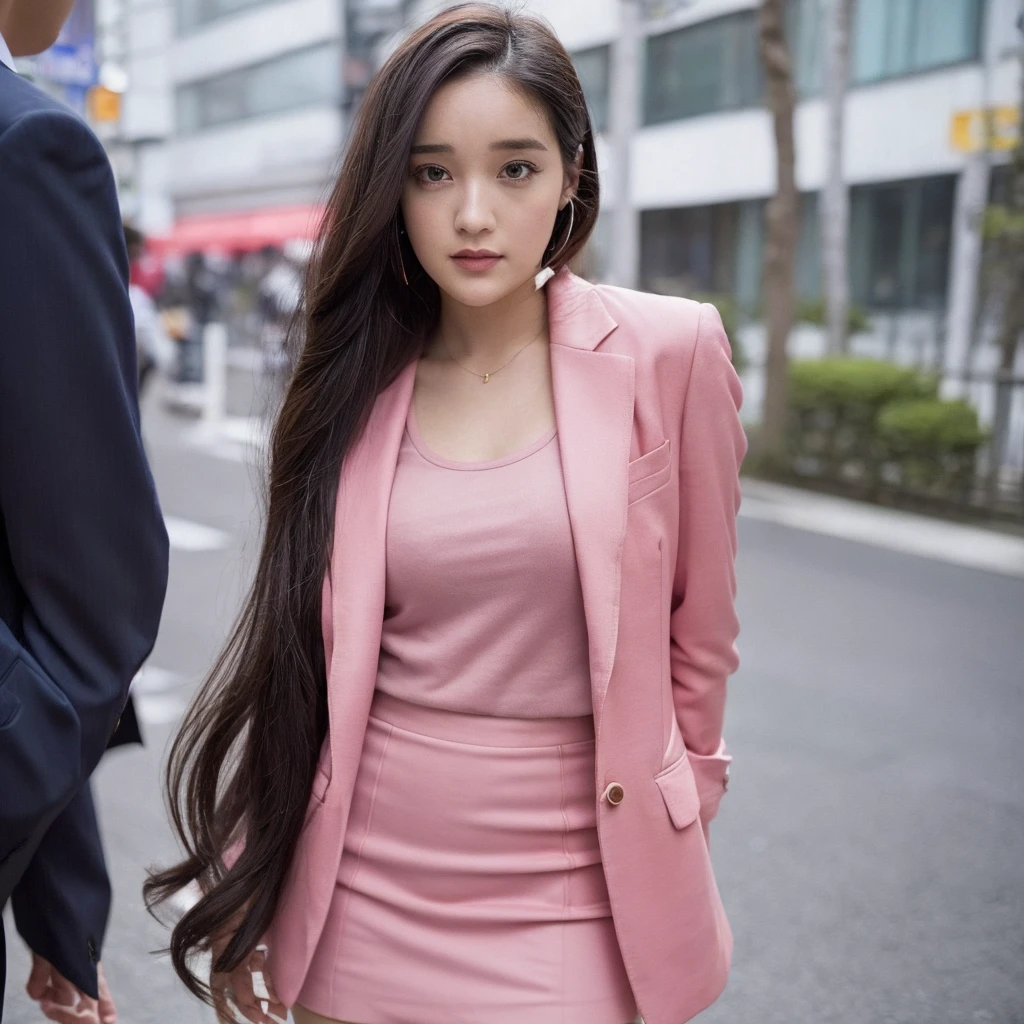 Close up,1 girl,solo, random post,(((Anne-Marie Alto))) ,long hair, wear a tight pink suit, tight skirt ,(short skirt),looking at camera,25 years old, in the Tokyo city