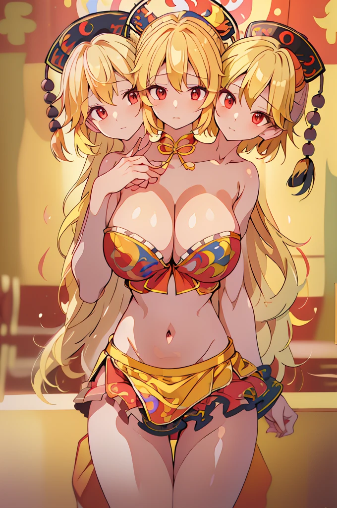 (masterpiece, best quality), best quality, (ultra-detailed), (3heads:1.5), 1girl, (junko (touhou):1.3), masterpiece, top best quality, ultra quality, ultra resolution, ultra detail, black top, crop top, ((stomach)), midriff, ((groin)), red and black skirt, normal ears, shackles, blonde hair, very long hair, wavy hair, sidelocks, red eyes, parted lips, ((blonde)), sweat, cute, toned belly, hand on own chest, eyelashes, (25 year old woman:1.3), (masterpiece:1.5), (best quality:1.5), (beautiful detailed), extremely detailed CG, extremely delicate and beautiful, depth of field, (finely detailed face), (perfect details:1.3), (mature female:1.3), wide pelvis, slender, large veiny breast, 16k resolution, highres, very high quality, very high definition, extremely detailed, masterpiece, blonde hair, long hair, alluring presence, braid, short skirt, close up, very big tits, huge tits, young, chinese clothes, hair ornament, chinese headdress, adult woman, blonde woman, milf, same hair color, ((blonde hair)),