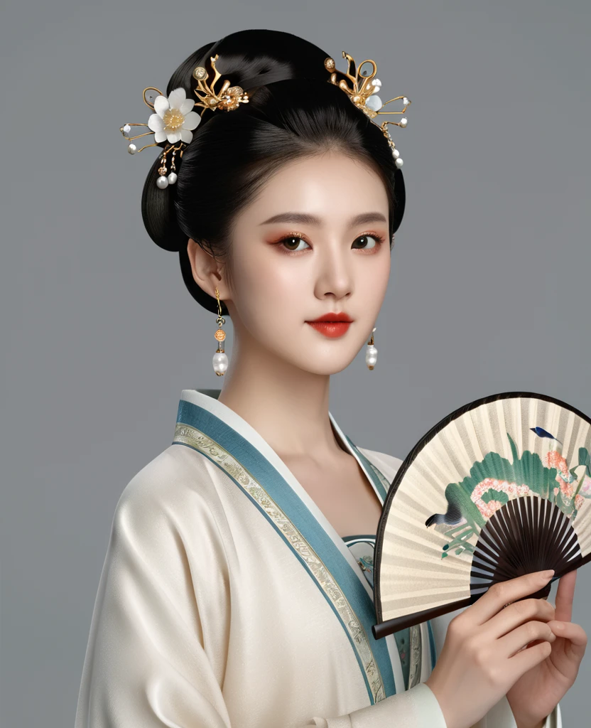 a beautiful young chinese girl in traditional song dynasty imperial court attire, symmetrical facial features, round face, bright eyes, smooth porcelain skin, holding an elegant chinese hand fan, clean background, (best quality,4k,8k,highres,masterpiece:1.2),ultra-detailed,(realistic,photorealistic,photo-realistic:1.37),intricate details,exquisite,elegant,refined,breathtaking,mesmerizing,magnificent