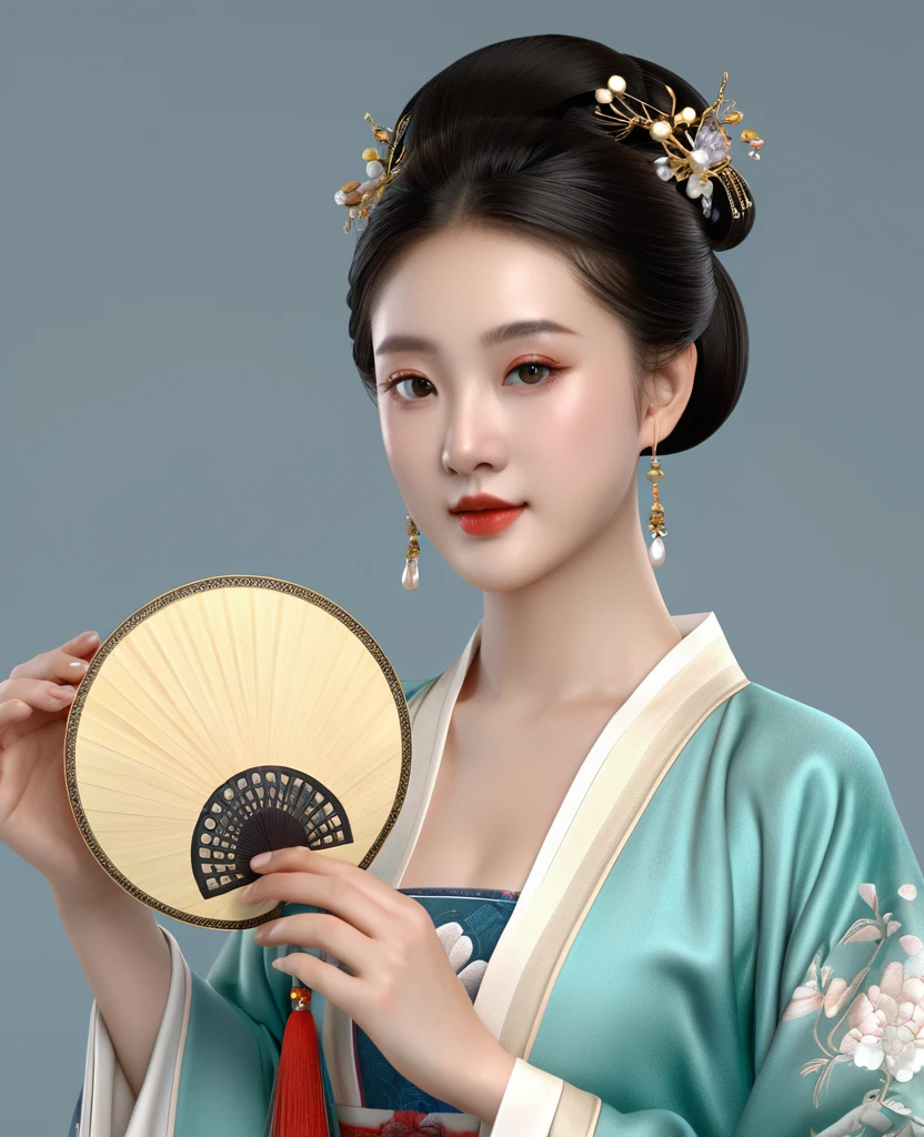 a beautiful young chinese girl in traditional song dynasty imperial court attire, symmetrical facial features, round face, bright eyes, smooth porcelain skin, holding an elegant chinese hand fan, clean background, (best quality,4k,8k,highres,masterpiece:1.2),ultra-detailed,(realistic,photorealistic,photo-realistic:1.37),intricate details,exquisite,elegant,refined,breathtaking,mesmerizing,magnificent
