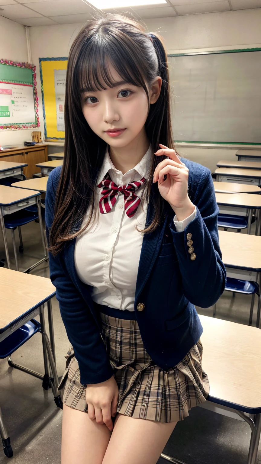 (8K, RAW Photos, Highest quality, masterpiece:1.2), masterpiece, super detailed, super high quality, (Realistic and photorealistic photography:1. 37), High-resolution RAW color photos, Very delicate and beautiful, highly detailed, 8k wallpaper, wonderful, detailed, Very eye, very detailed, very detailed skin, very thin fingers, very detailed nose, very detailed mouth, Perfect Anatomy, BREAK,18 year old girl, short bob hair, huge breasts, (colossal tits:1.1), very huge round breasts, (perfect body shape:1.1), Big Natural Color Lip, cute type, ta, (Details High quality, realistic depiction of eyes:1.3), Harajuku style, Beautiful makeup, glitter makeup, BREAK, High school girl uniform, blazer, Super Short Check Uniform Skirt, Navy blue high socks, Disturbed uniform, BREAK, (High School Classroom:1.2), bold sexy pose, hposing Gravure Idol, full body photo