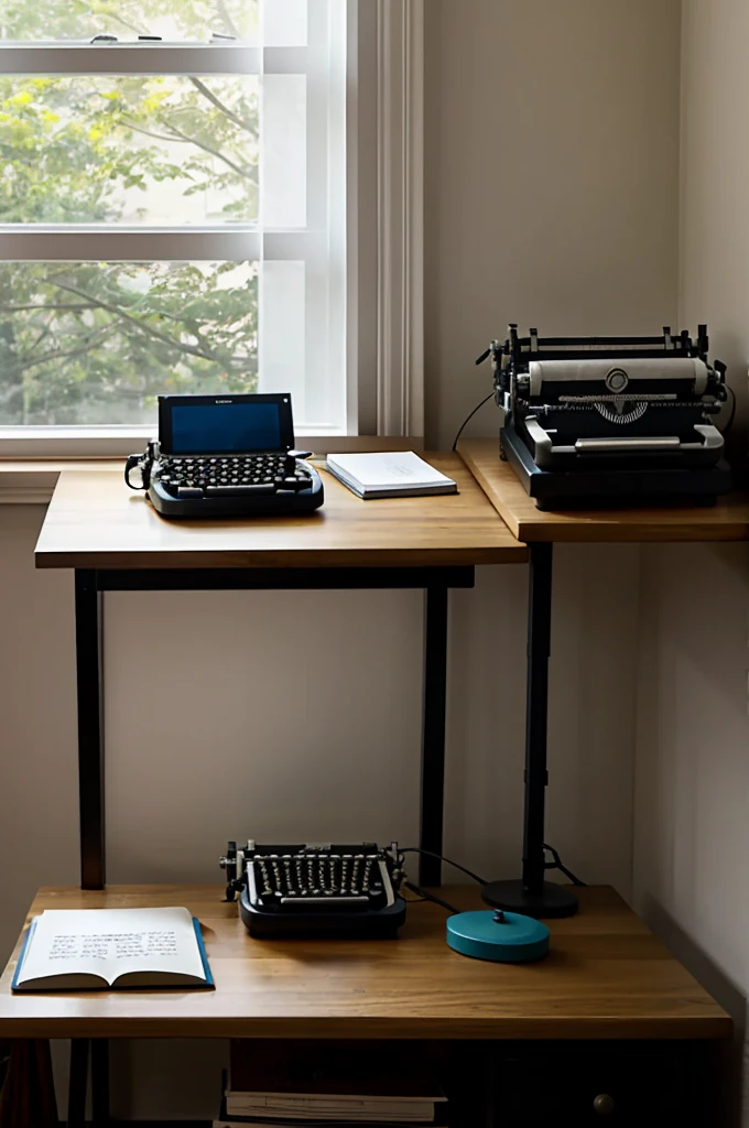 Rectangular table with typewriter and a nightstand against a window