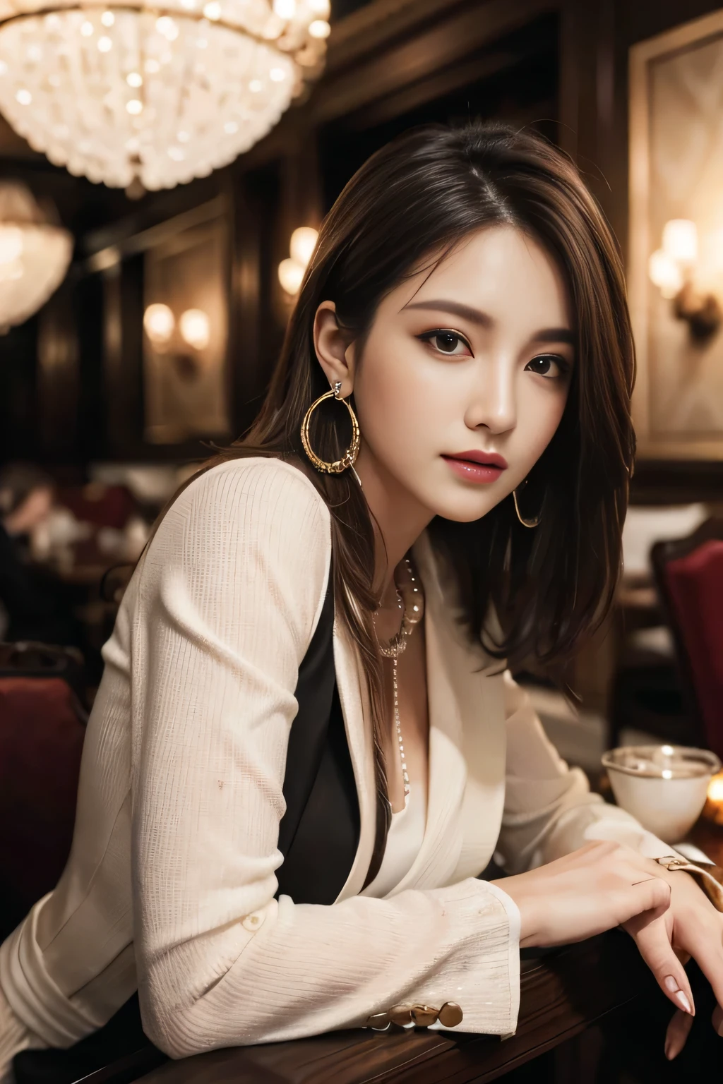 masterpiece, Highest quality, Realistic, Very detailed, Finer details, High resolution, 8k wallpaper, One beautiful woman, Wear a nice suit, In a great restaurant, At night, Light brown messy hair, Perfect dynamic composition, Beautiful and beautiful eyes、Big earrings、Sit on a chair、