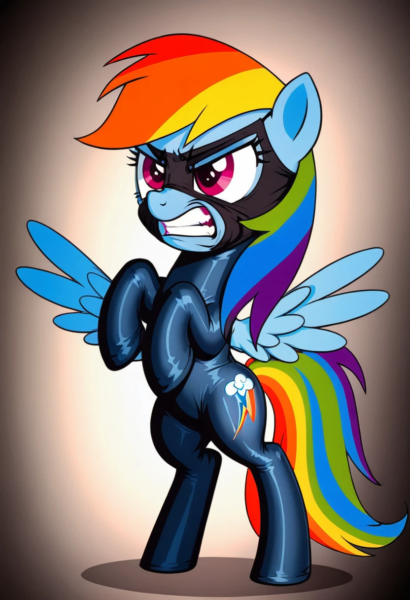 Pony rainbow dash  .black head mask  angry in the  bodystocking
