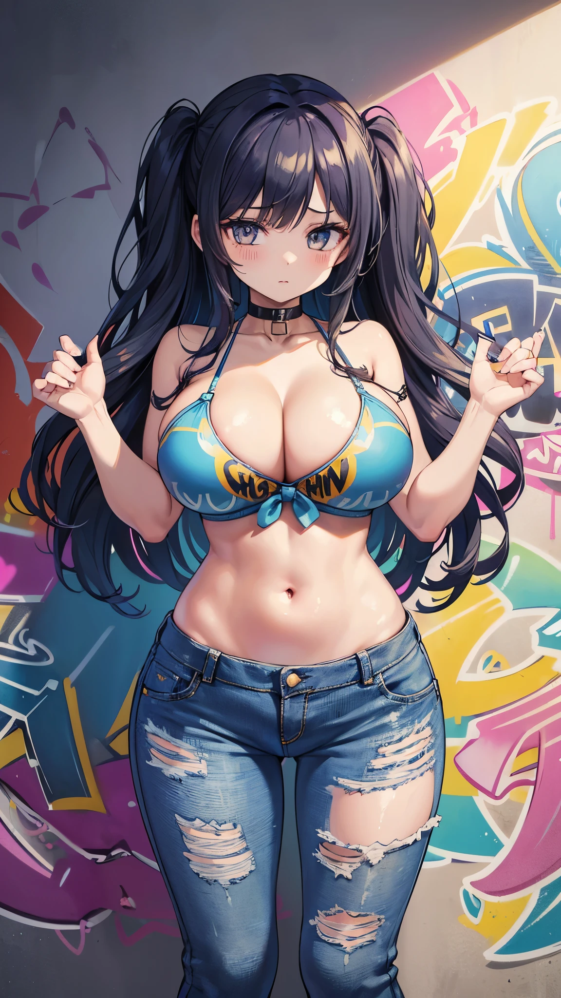 (masterpiece, Highest quality), A beautiful figure, , Wavy Hair, (((Graffiti wall on background))),((Bikini Tops,Distressed Micro Denim Pants))、((Big Tits、Underbust))